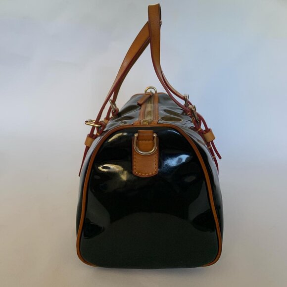 Dooney & Bourke black patent leather satchel with tan leather trim - Picture 3 of 8